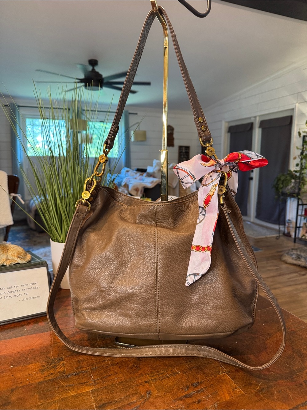 HOBO Brown Leather Shoulder Bag with Pink & Red Scarf Accent